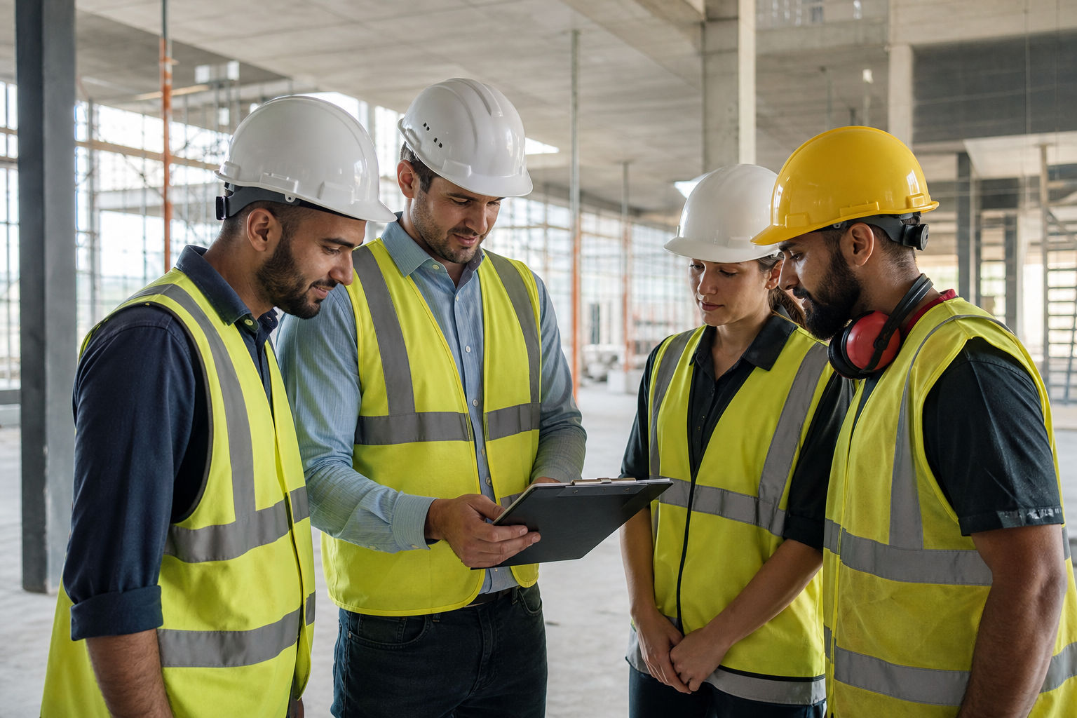 Construction supervisor and workers reviewing site plans